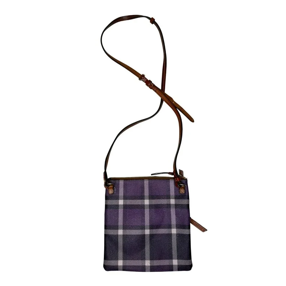 Vintage Dooney & Bourke Purple Plaid Crossbody Bag With Adjustable Strap & Tripl